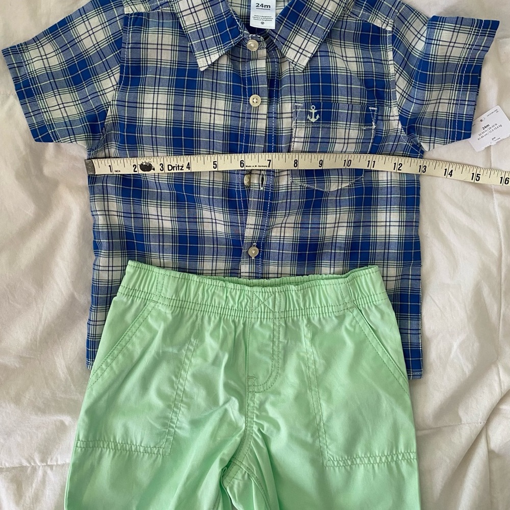 NWT Carters Baby Boy 2 piece Plaid Button Shirt Green short set Cotton Sz 24 mth